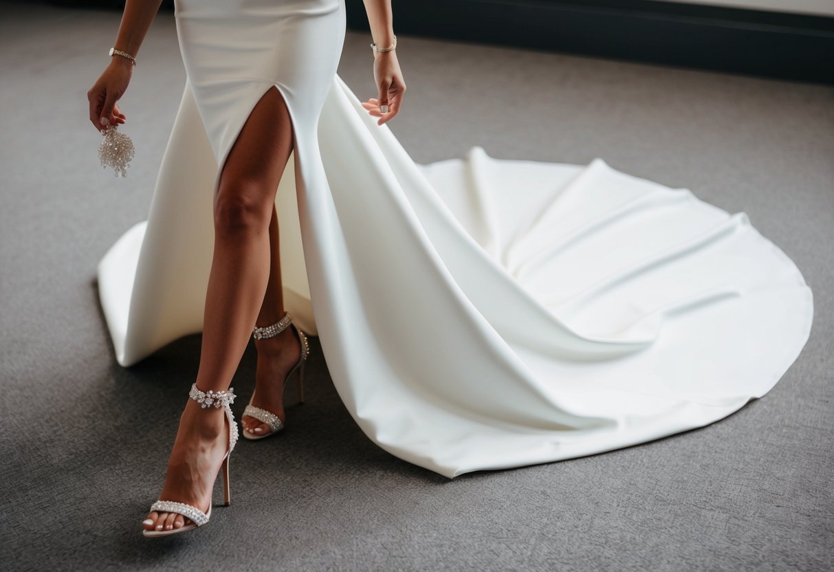A sleek, form-fitting wedding dress with a high neckline and long, flowing train, paired with strappy, embellished heels and delicate, sparkling accessories