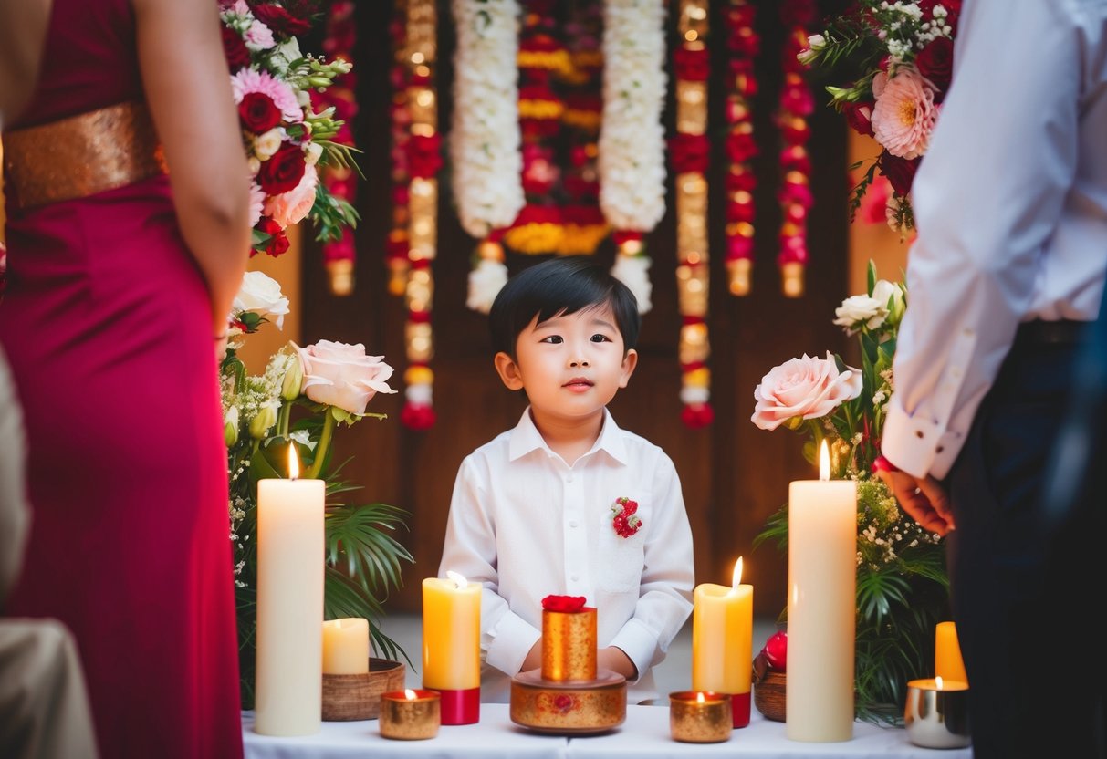 A 7 year old watches a wedding ceremony, surrounded by flowers, candles, and traditional ceremonial items