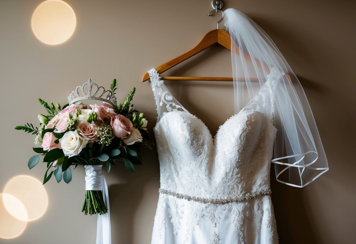 A bouquet of flowers and a wedding dress on a hanger, with a tiara and veil draped over it