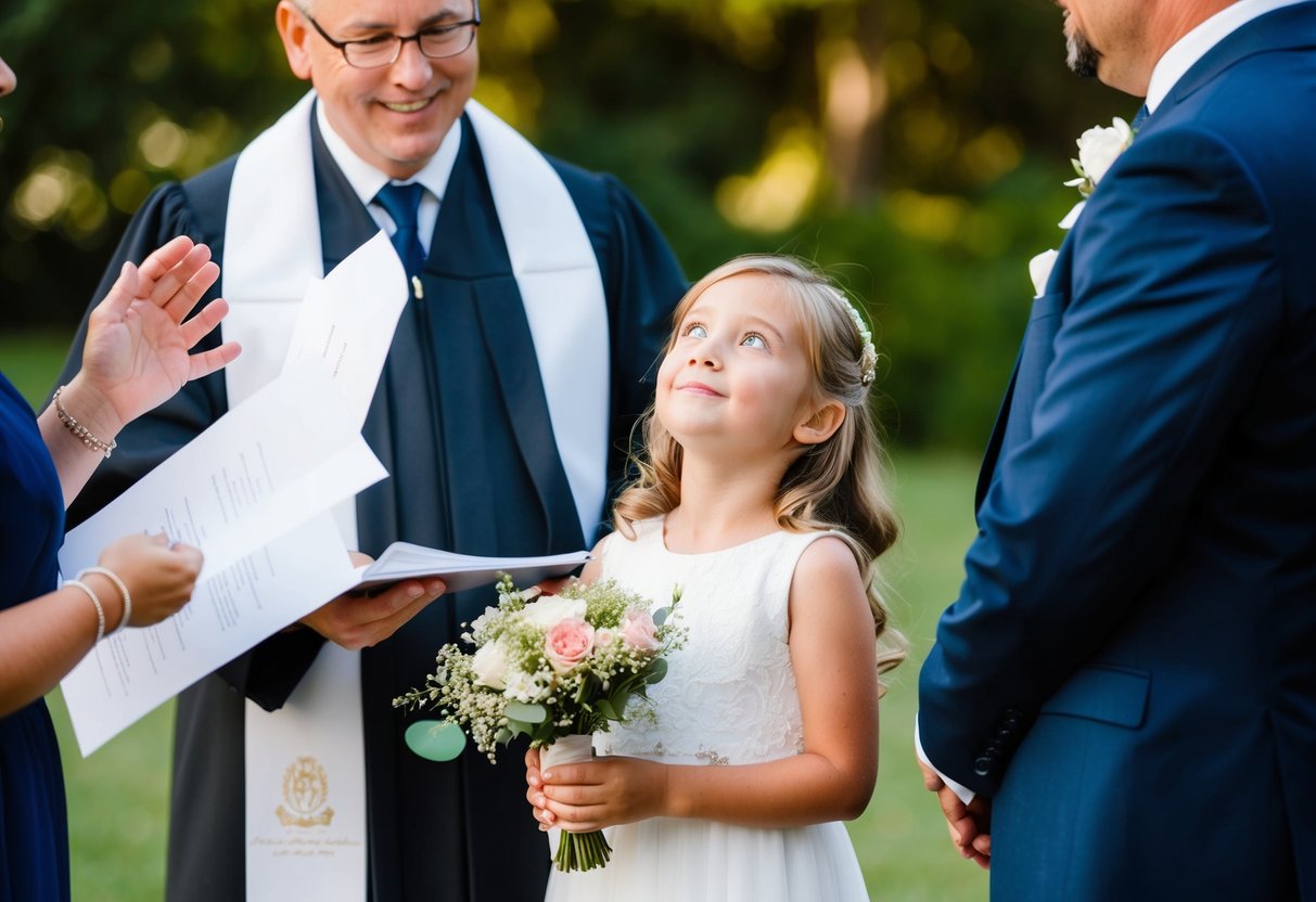 A 7-year-old holding a small bouquet of flowers stands next to the wedding officiant, looking up with curiosity and innocence