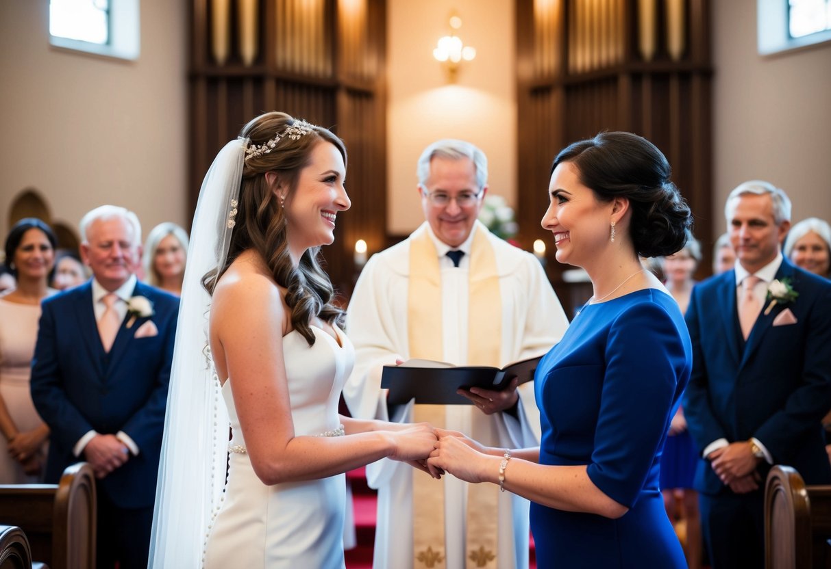 A bride standing beside her maid of honor, exchanging vows at the altar