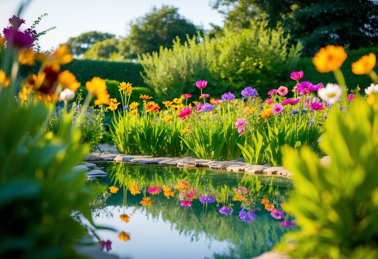 A serene garden with colorful flowers reflecting in a clear pond, surrounded by lush greenery and a gentle breeze