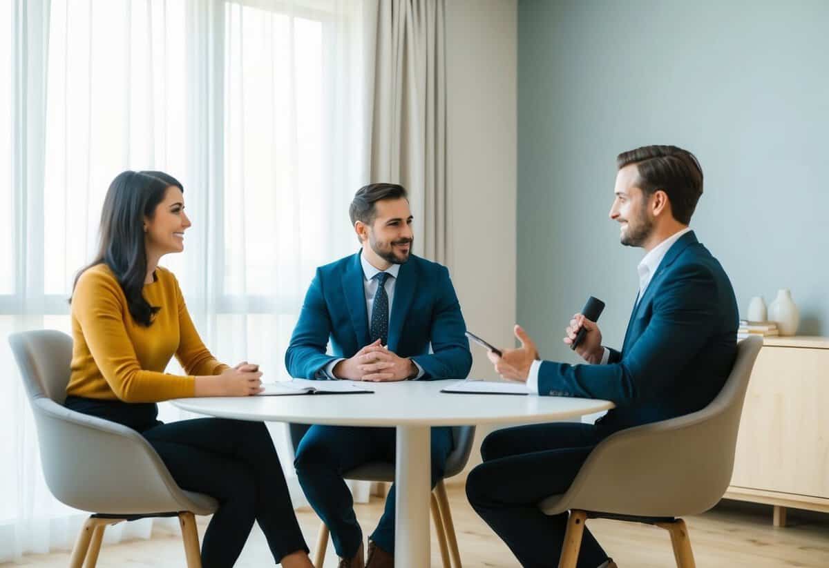 A couple sits across from an interviewer at a table in a bright, neutral-colored room. The interviewer takes notes as the couple discusses their relationship