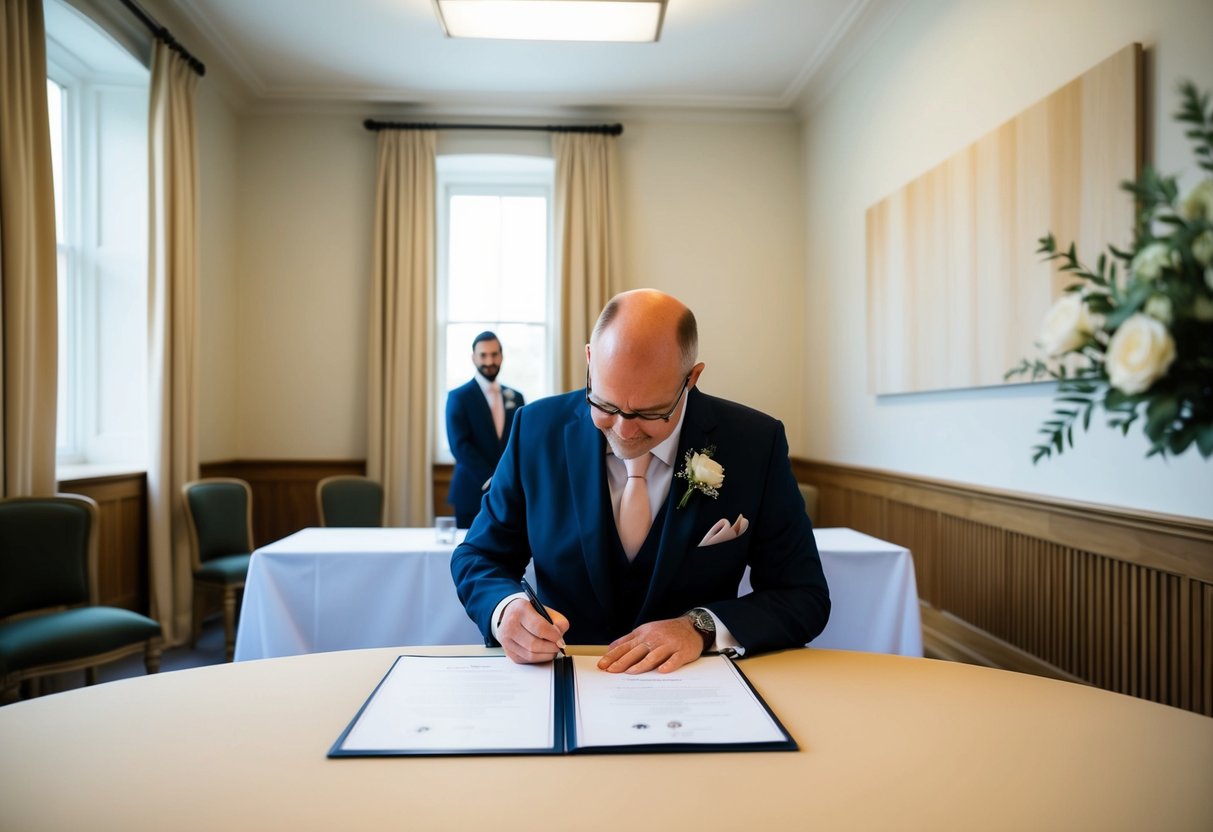 A simple registry office with a small, elegant room for the ceremony, featuring a table for signing documents and a backdrop of neutral colors