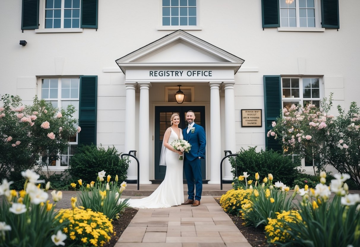 A couple standing in front of a simple, elegant registry office, surrounded by blooming flowers and greenery. A sign with the office's name is visible