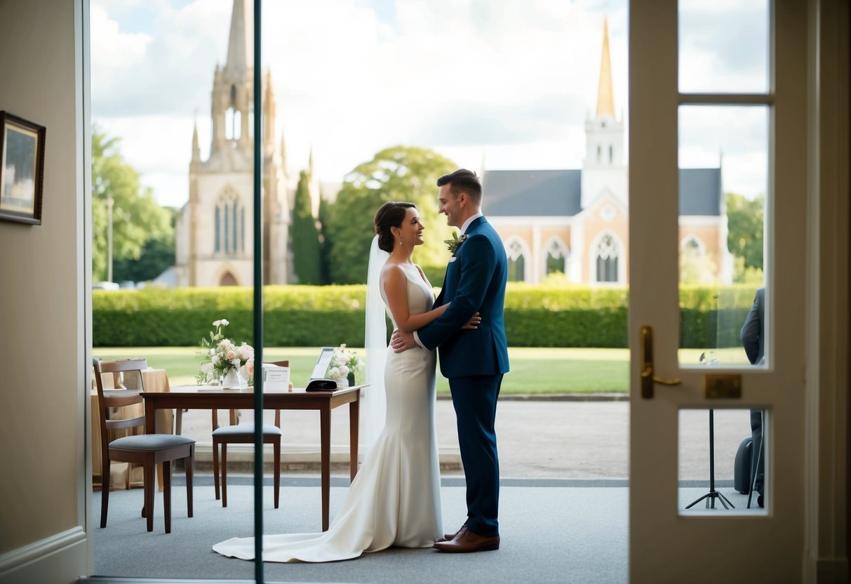 A couple stands at a registry office, surrounded by simple decor and a small, intimate setting. Outside, a grand church and extravagant venue are visible, hinting at the cost difference