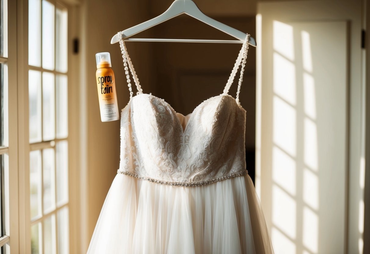 A wedding dress hanging in a sunlit room, with a spray tan bottle and a faint tan stain on the fabric