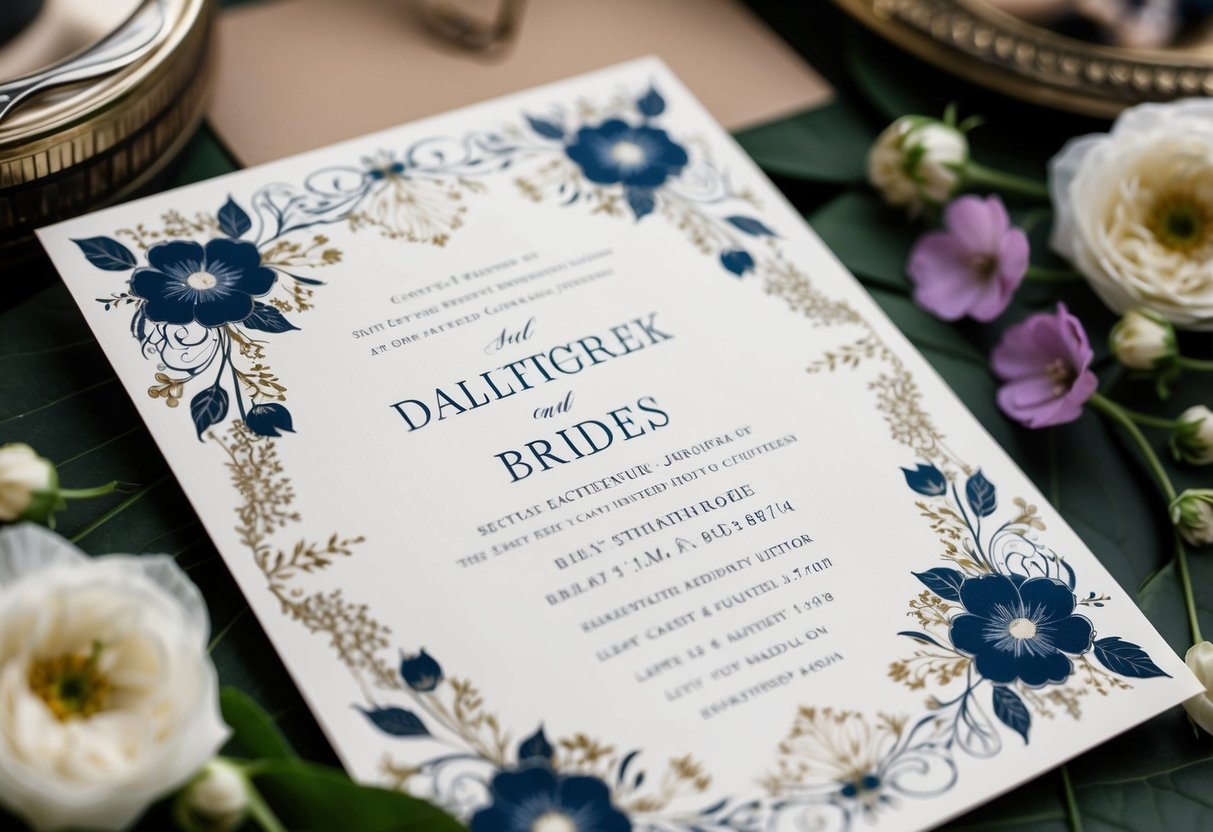 A beautifully designed wedding invitation with the bride's name listed first, surrounded by elegant floral motifs and intricate details