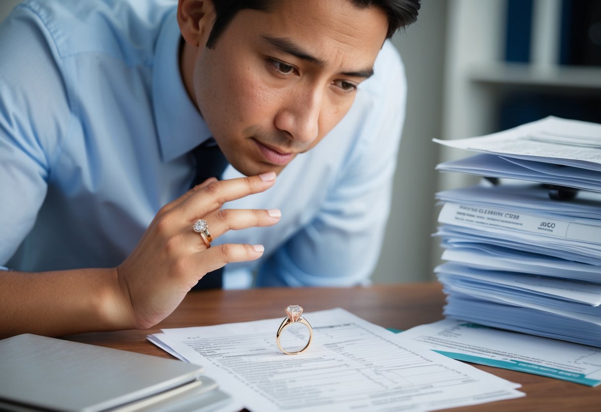 A person nervously glances at a wedding ring while surrounded by official tax forms and a looming deadline