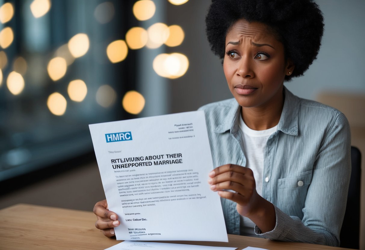 A person receiving a letter from HMRC about their unreported marriage, with a worried expression on their face
