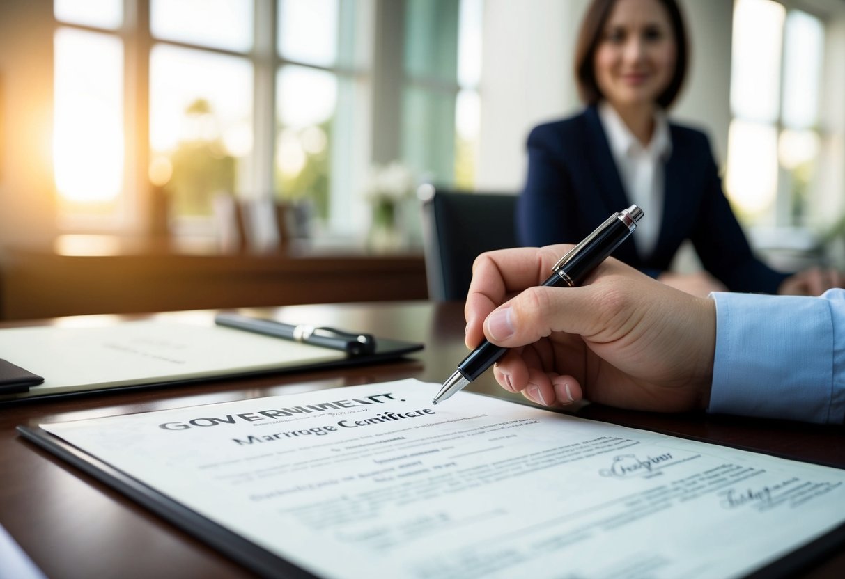 A pen poised over a marriage certificate on a desk in a government office