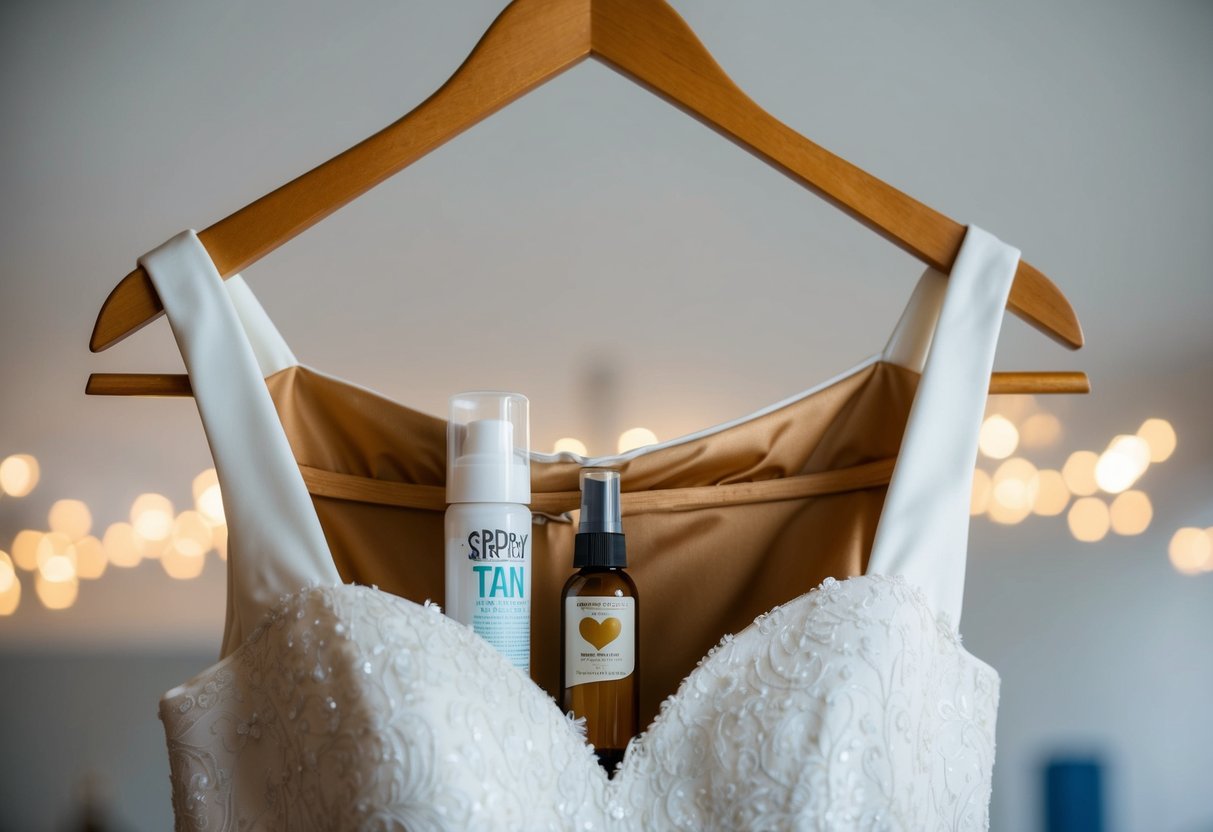 A wedding dress hanging on a hanger, with a spray tan bottle and a faint tan mark on the inside lining