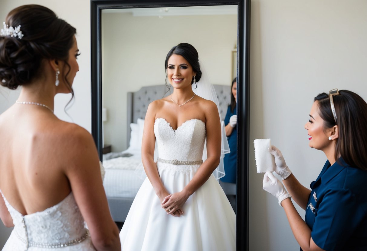 A bride standing in front of a full-length mirror, wearing a wedding dress, with a spray tan technician holding a swatch of fabric next to her to test for rub-off