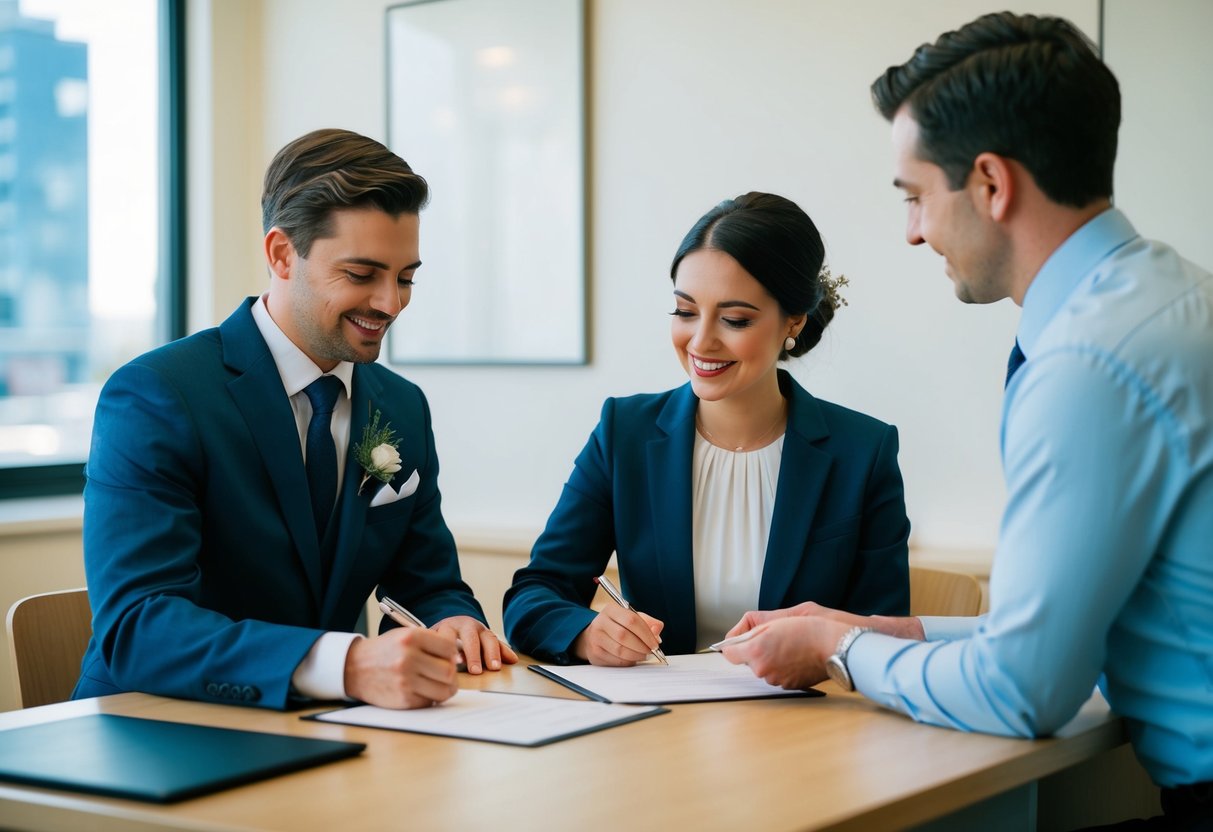 A couple sits at a table with a registrar, signing marriage documents in a simple office setting