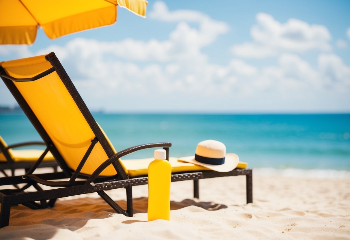 A sunny beach with a lounge chair, umbrella, and a bottle of sunscreen