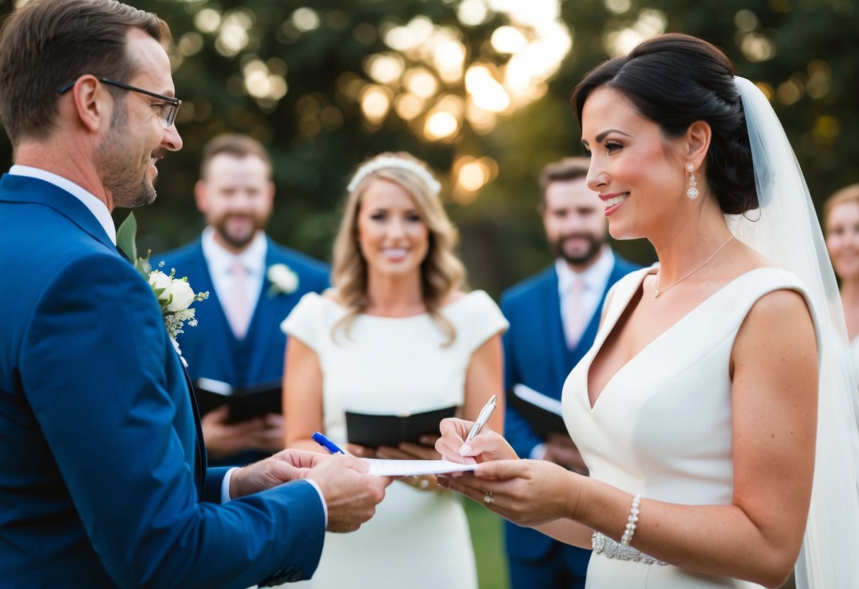 A woman in formal attire stands beside a couple exchanging vows. She holds a pen and paper, ready to sign as a witness