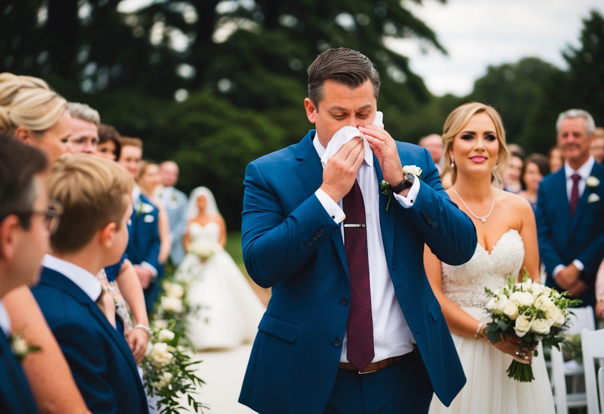 A groom wipes away tears as he watches his bride walk down the aisle