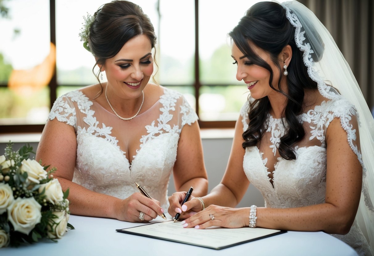 A bride's mother stands beside her daughter, holding a pen and signing a document as a wedding witness