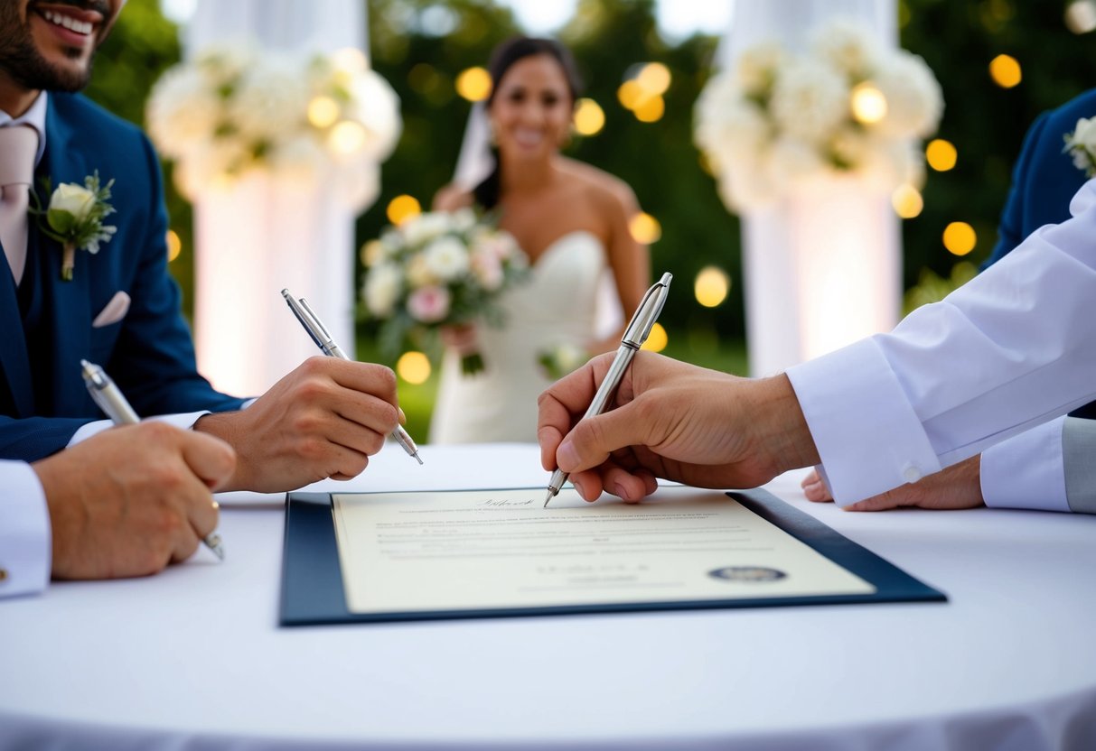 A wedding scene with two individuals signing a document as witnesses, with a celebratory atmosphere in the background