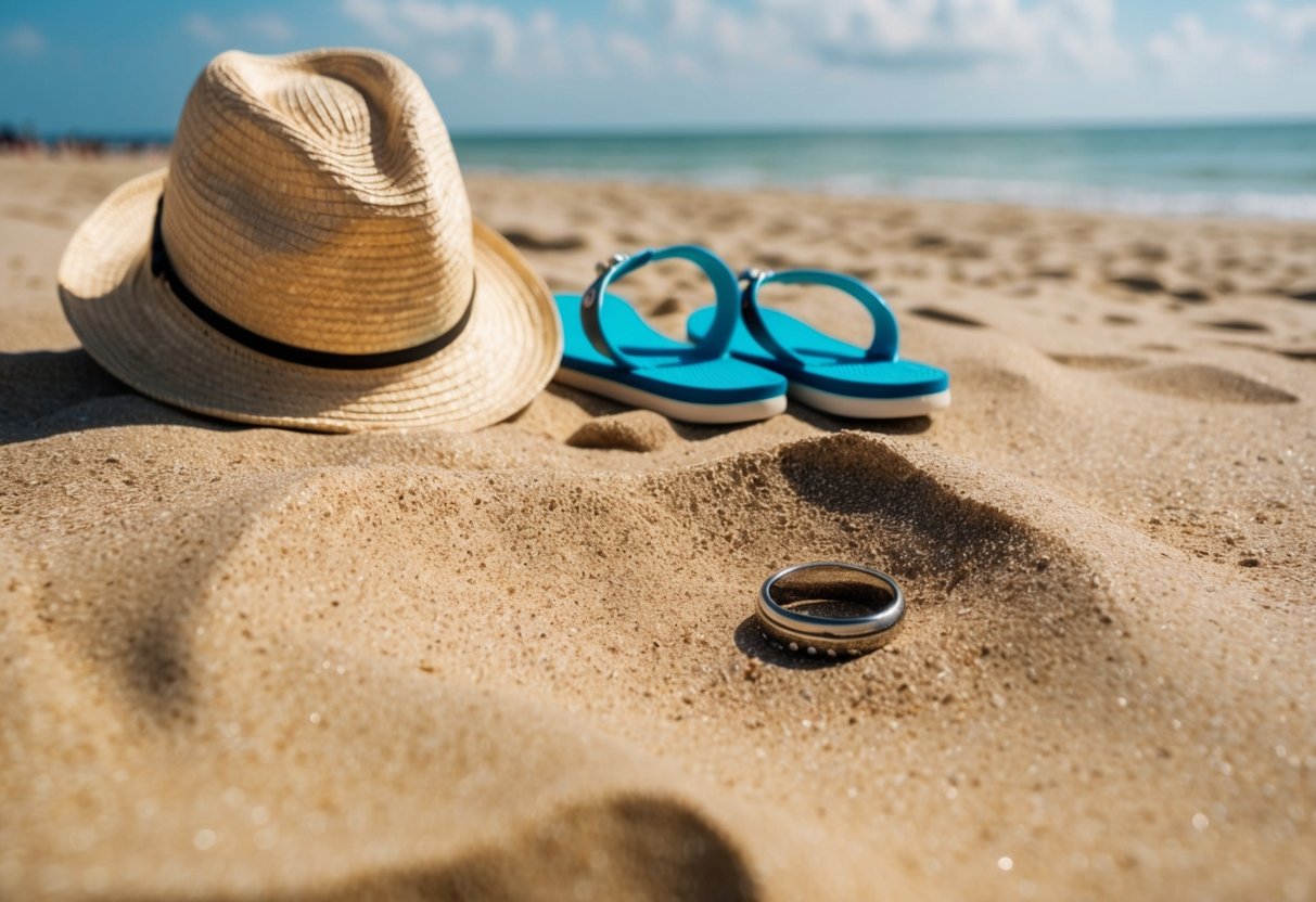 A sandy beach with a pair of flip flops and a sun hat lying next to a wedding ring half buried in the sand