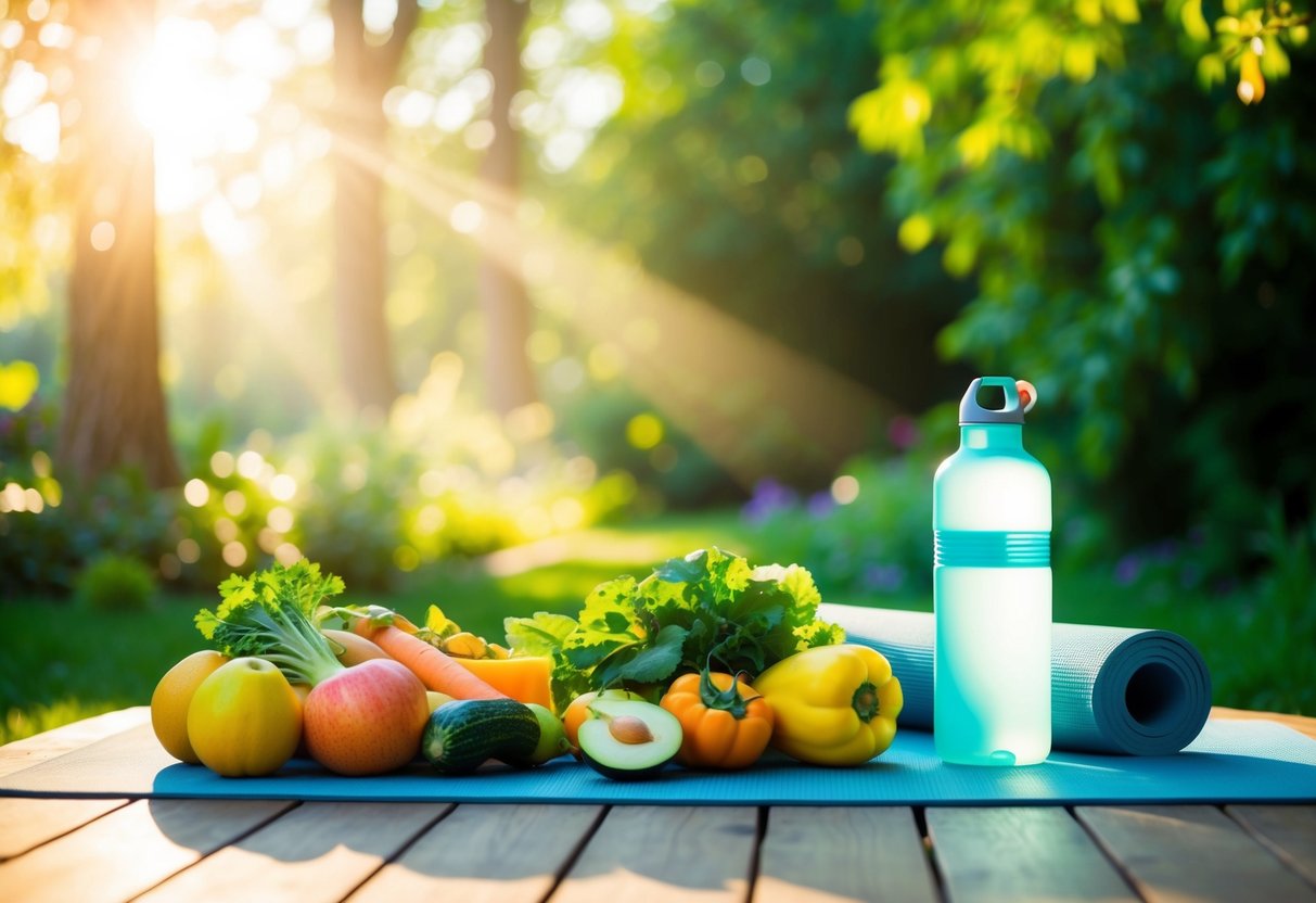 A serene garden with soft sunlight filtering through the trees, casting a warm glow on a table filled with fresh fruits and vegetables, a yoga mat, and a water bottle