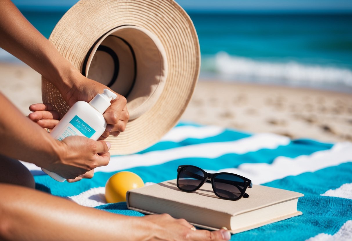 A person's hand holding a bottle of sunscreen on a beach towel with a strategically placed hat, sunglasses, and a book to hide the wedding ring tan line