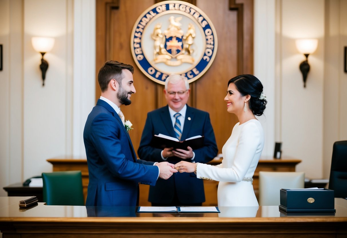 A couple stands at a registrar's office, exchanging vows in front of an official
