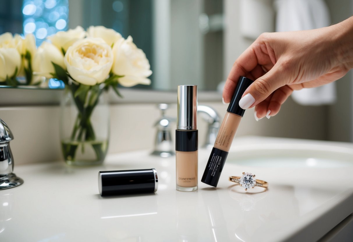 A hand reaching for a tube of concealer next to a wedding ring on a bathroom counter