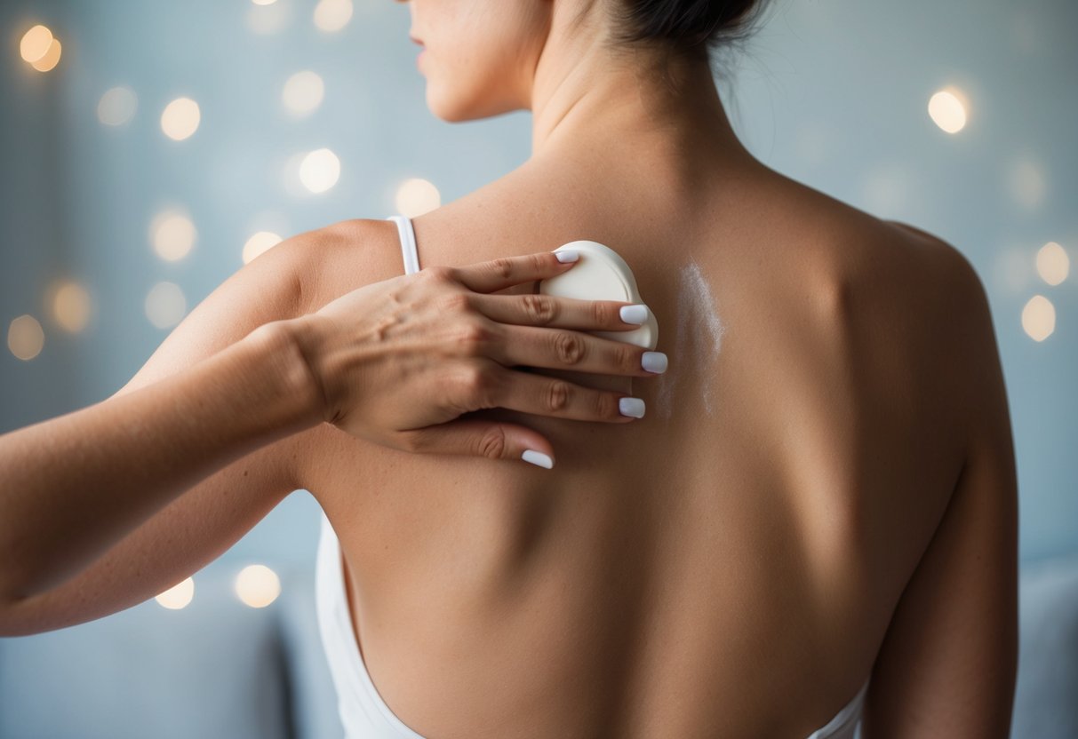 A woman's bare back with a faint tan line where her wedding ring used to be. She is applying a lotion to fade the tan line