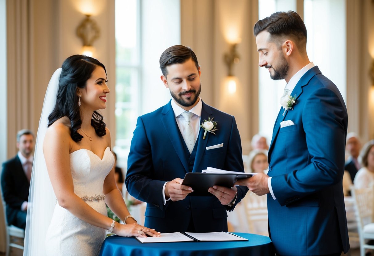 A couple stands at a table with the registrar, discussing their wedding ceremony. The registrar listens attentively as they finalize the details