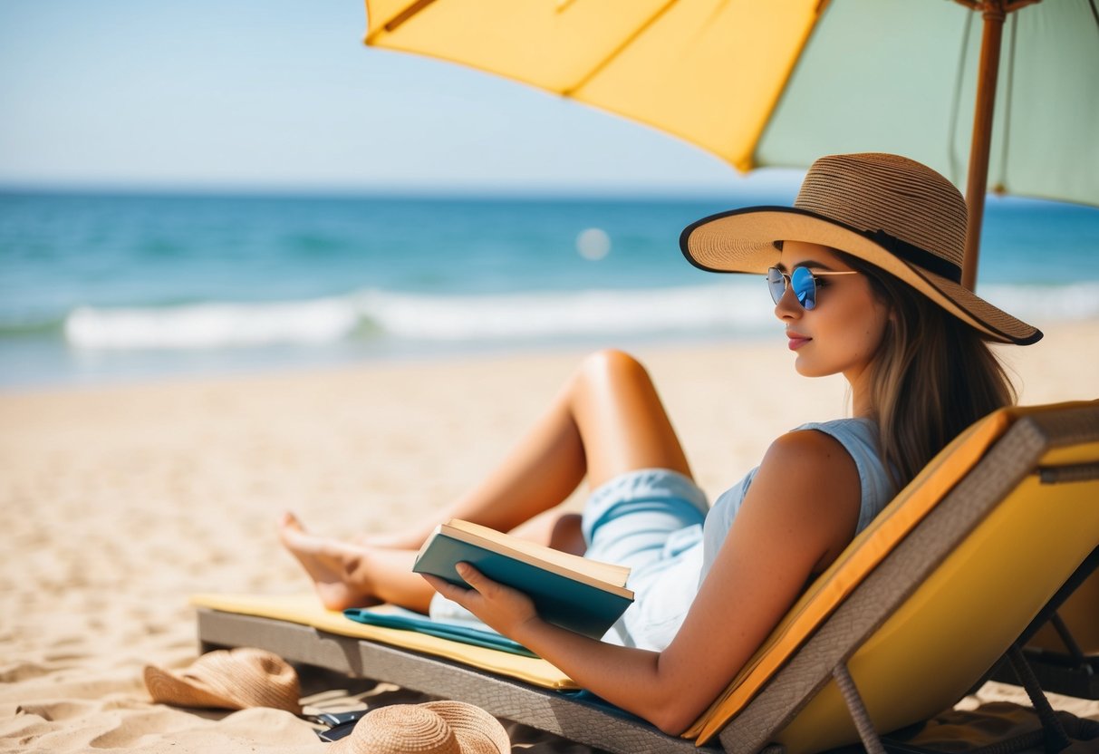 A sunny beach with a person lounging under an umbrella, wearing a wide-brimmed hat and sunglasses, with their hand resting on a book