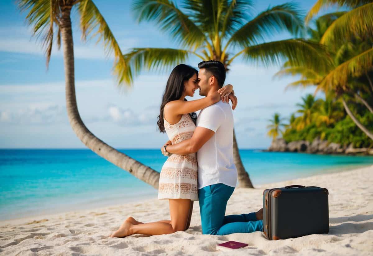 A loving couple embraces on a tropical beach, surrounded by palm trees and clear blue water, with a suitcase and passport nearby