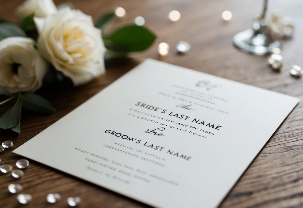 A wedding invitation with the bride's last name appearing before the groom's last name