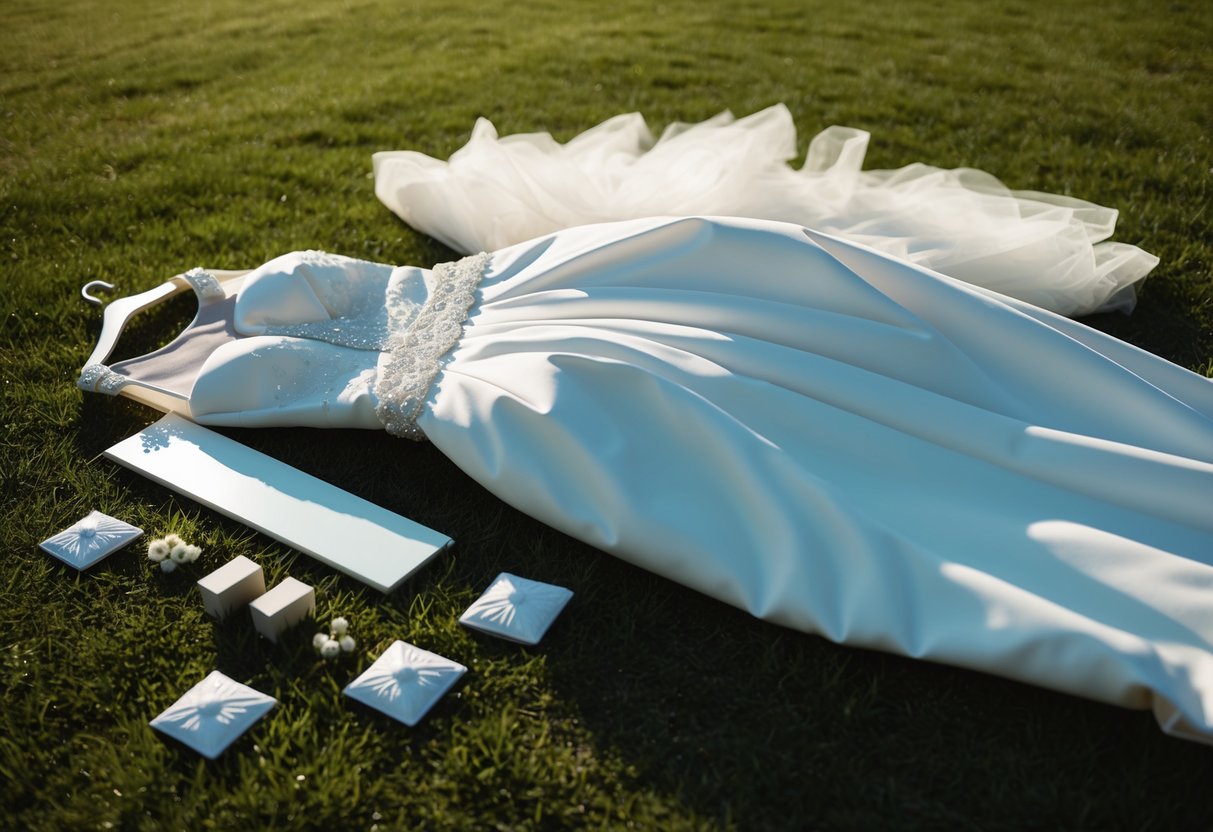 A wedding dress laid out in the sun, with strategically placed objects casting shadows to mask tan lines