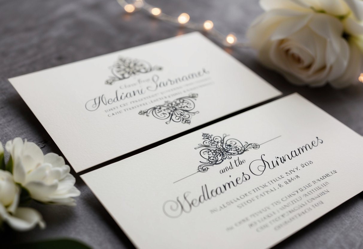 A wedding invitation with two elegant surnames intertwined in a decorative design