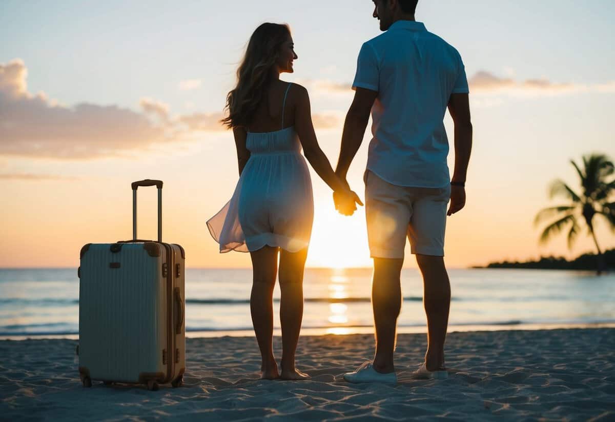 A couple's silhouette holding hands on a beach at sunset, with a suitcase and tropical destination in the background