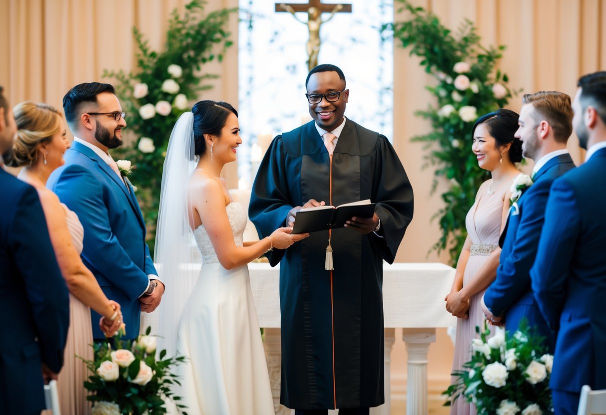 A celebrant officiates a wedding ceremony, standing at an altar with a couple and guests present, symbolizing the importance of qualification