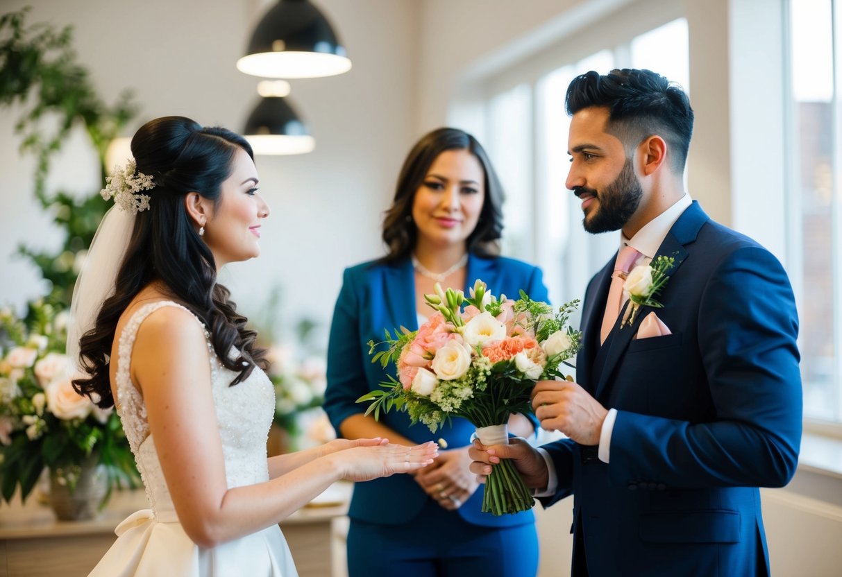 A florist consulting a bride about wedding flower preferences