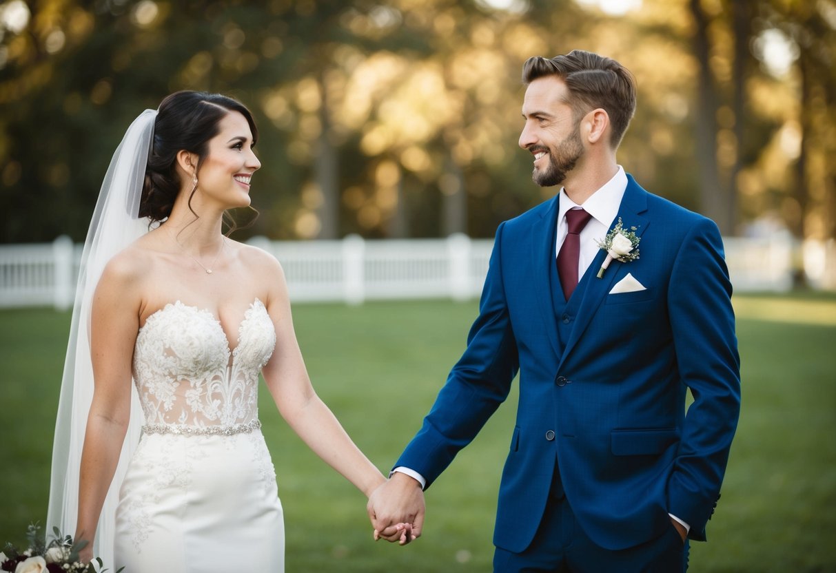 A groom standing next to a bride, holding her hand