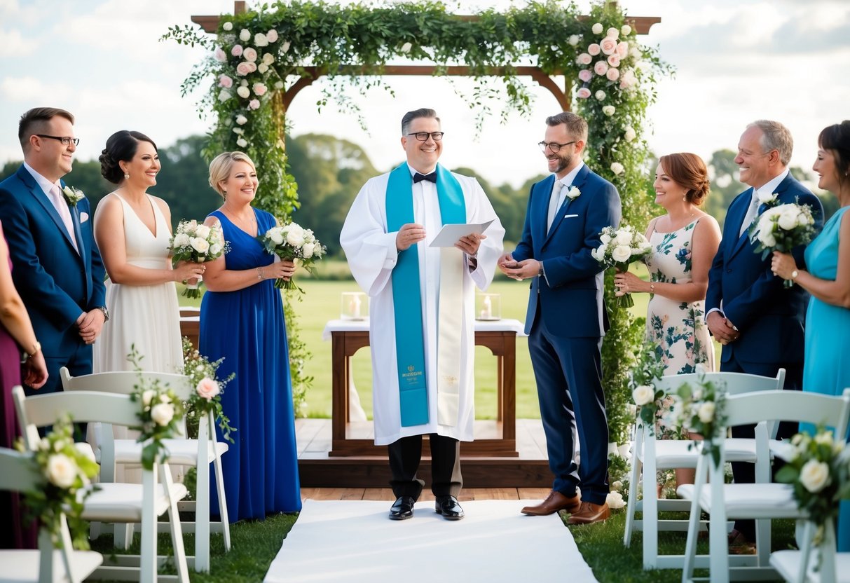 A celebrant stands at a wedding altar, surrounded by happy guests and a beautiful setting