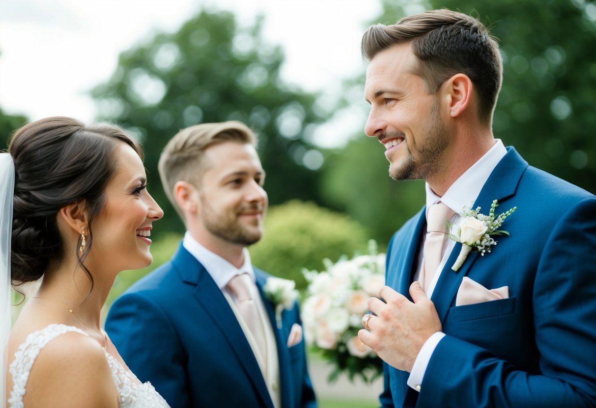 A newlywed husband is called a groom. A scene of a groom standing next to a bride with a wedding ring on his finger
