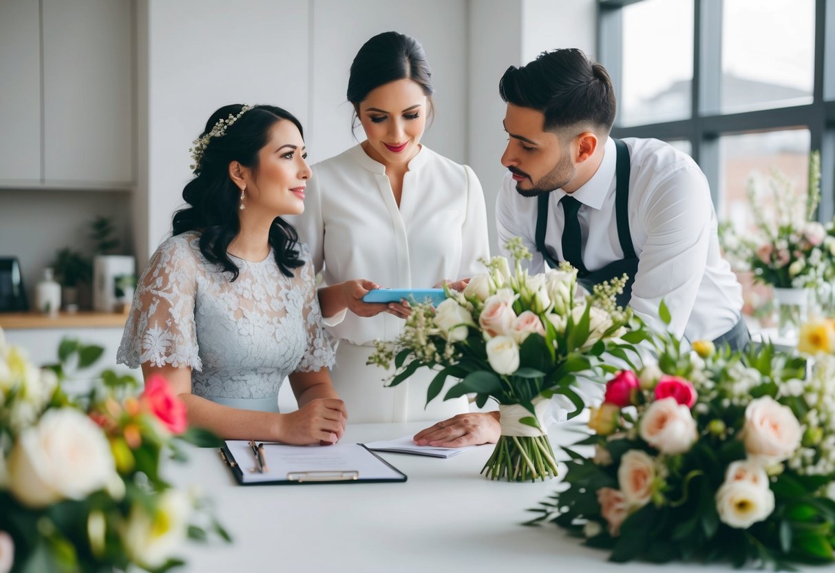 A florist consulting a bride about logistics and budget for her wedding flowers