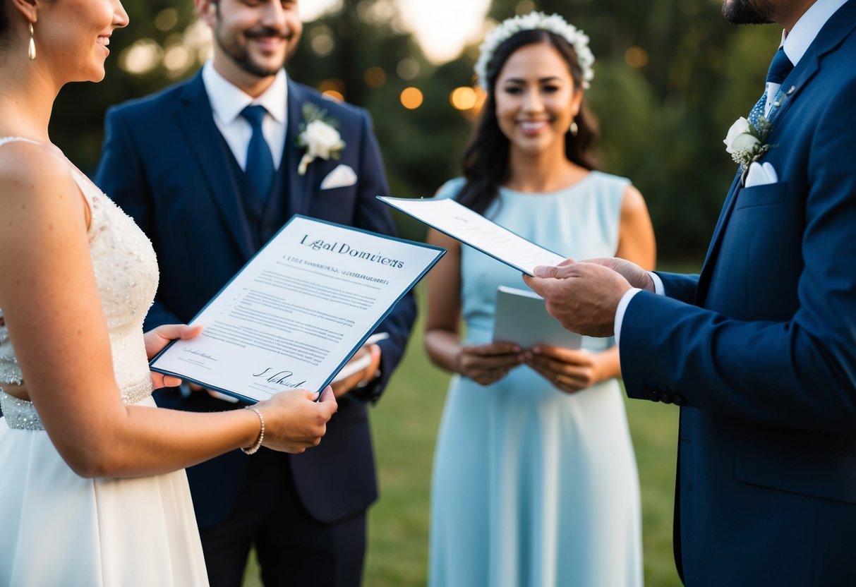 A celebrant presenting legal documents and qualifications to a couple