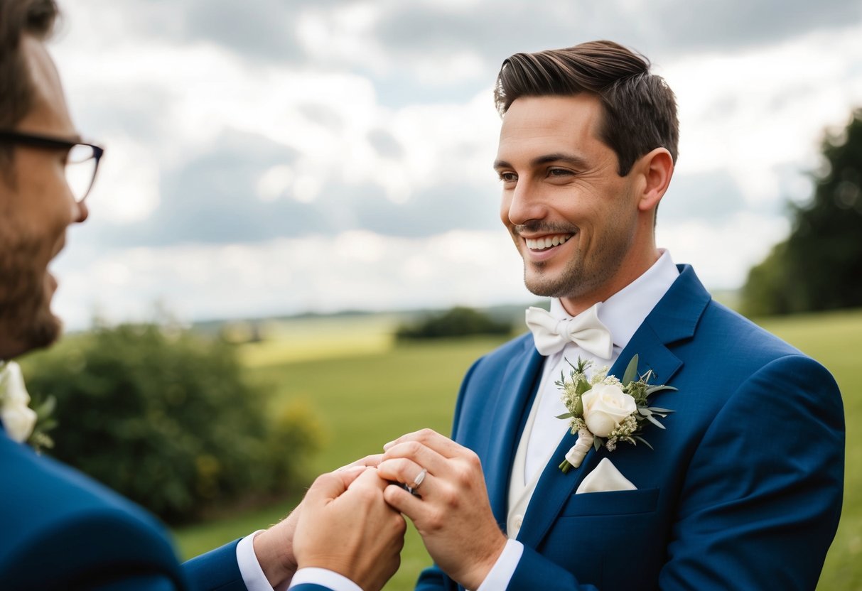 A newlywed husband is called a groom. A scene of a groom holding a wedding ring and smiling
