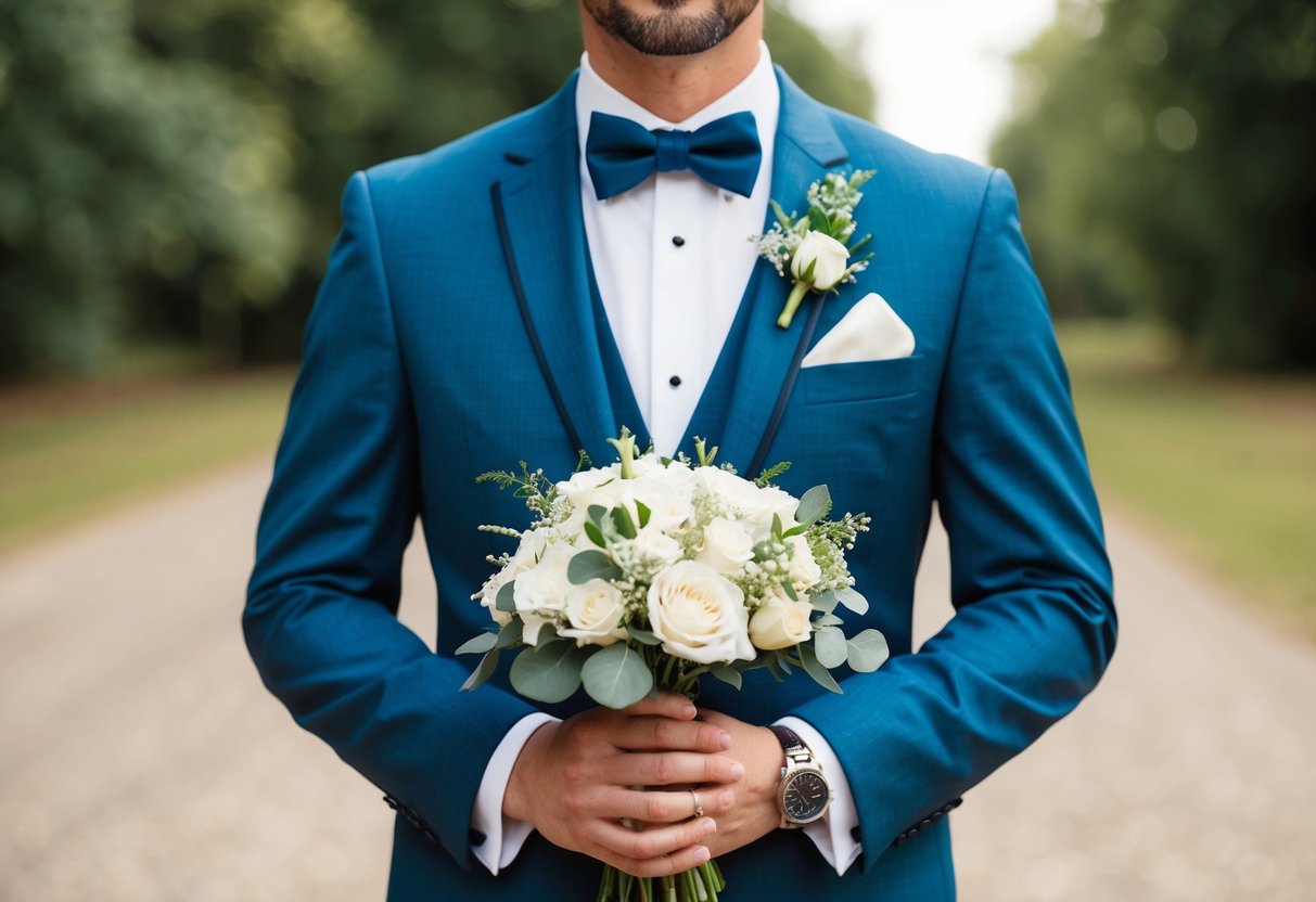 A newly wed husband is called a groom. A scene could depict a groom holding a bouquet of flowers or wearing a wedding ring