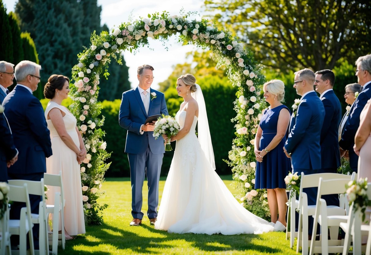A bride and groom stand beneath a floral arch in a sunlit garden, surrounded by family and friends. A minister officiates the wedding ceremony