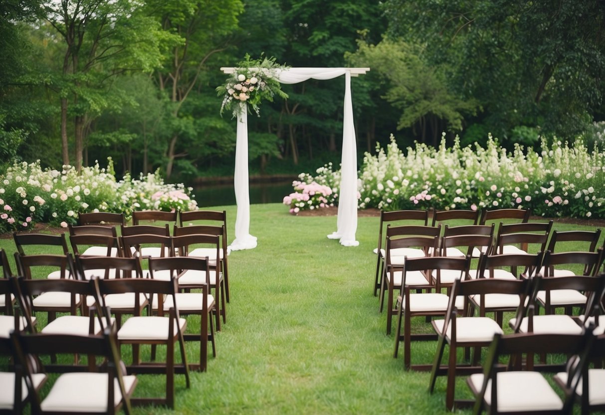 A serene outdoor wedding setting with a simple arch and rows of chairs, surrounded by lush greenery and blooming flowers