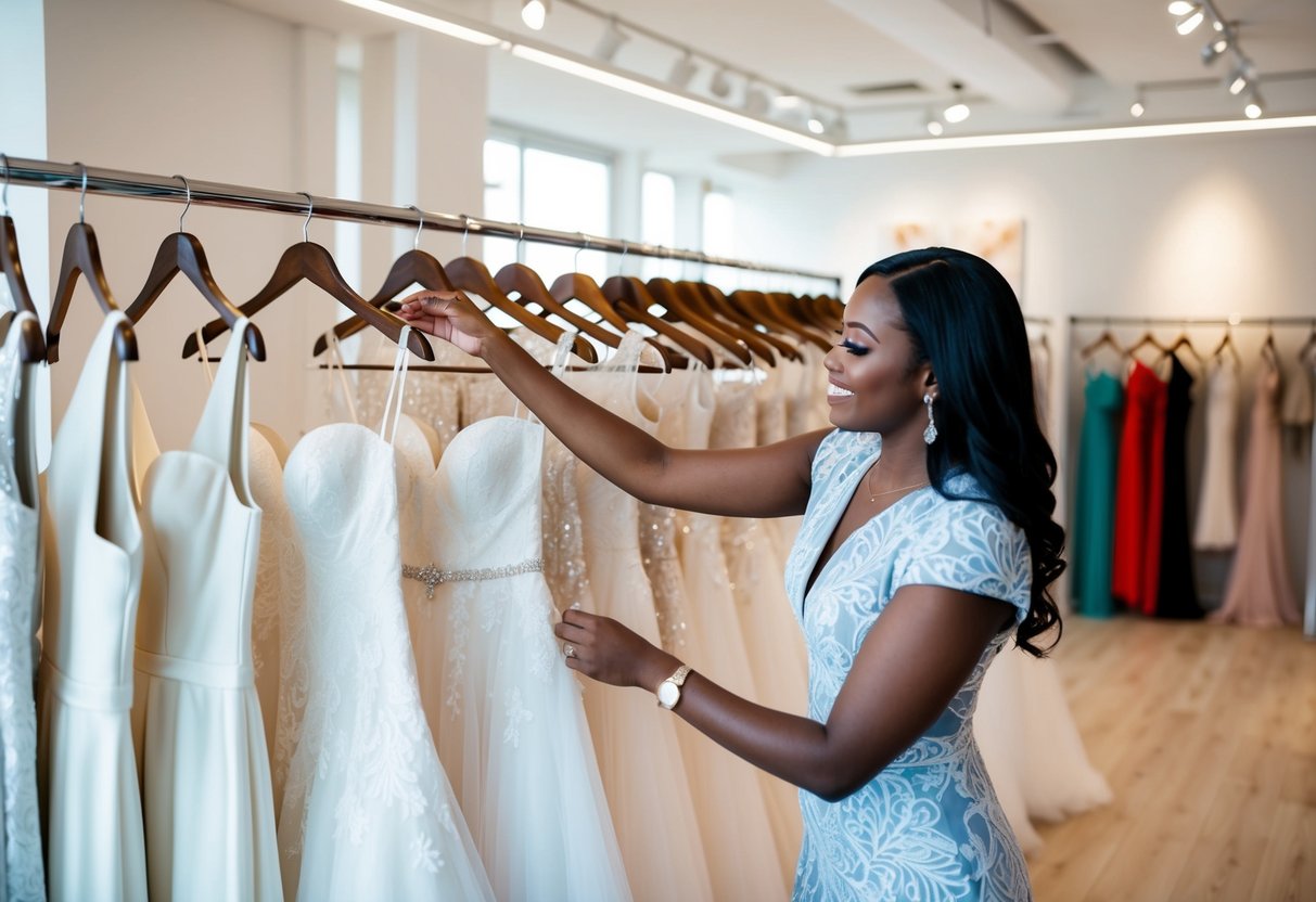 A bridal consultant arranging wedding dresses on display racks in a bright, spacious boutique showroom