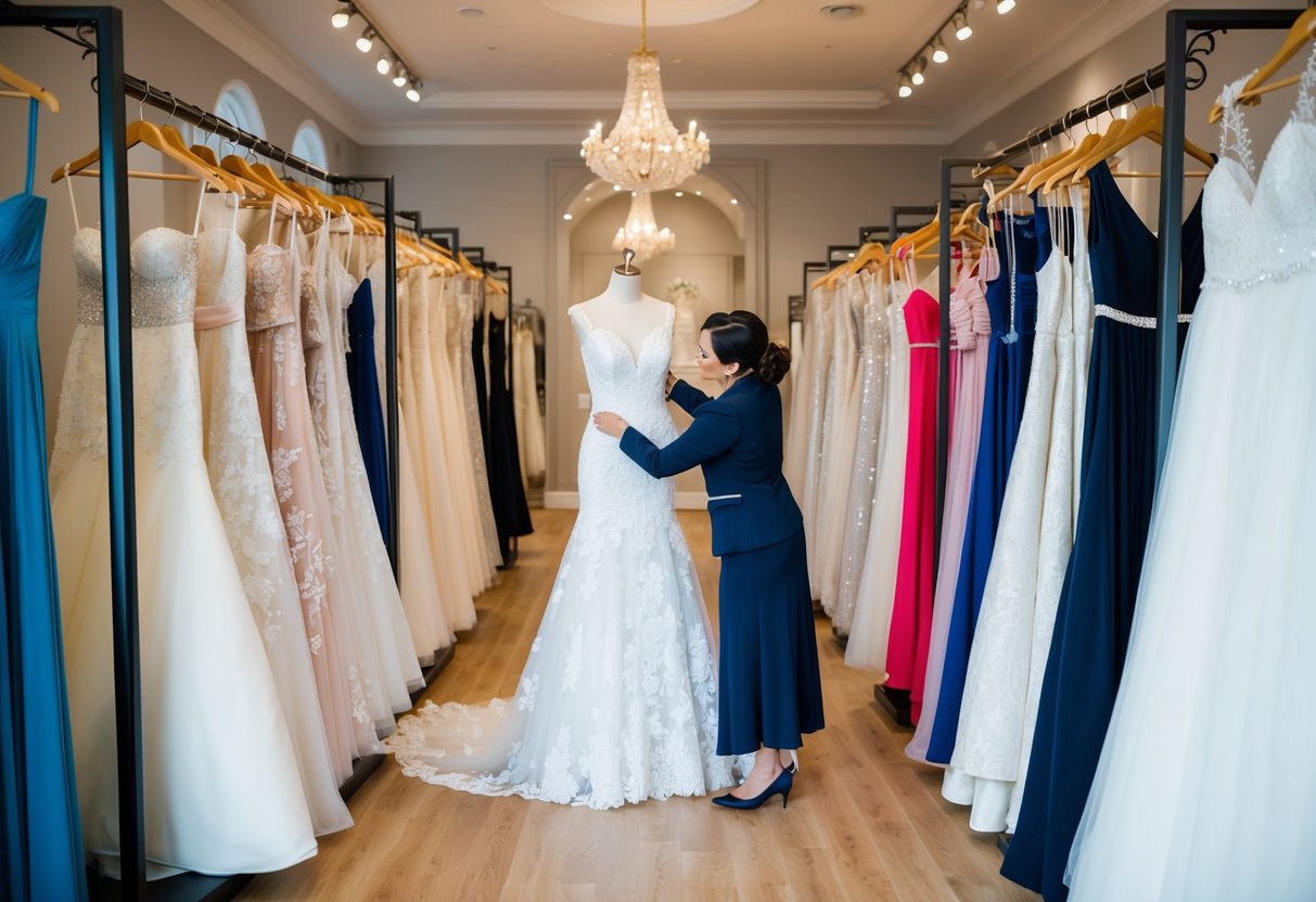 A bridal consultant carefully arranging a variety of wedding dresses on elegant display racks in a spacious, well-lit boutique showroom