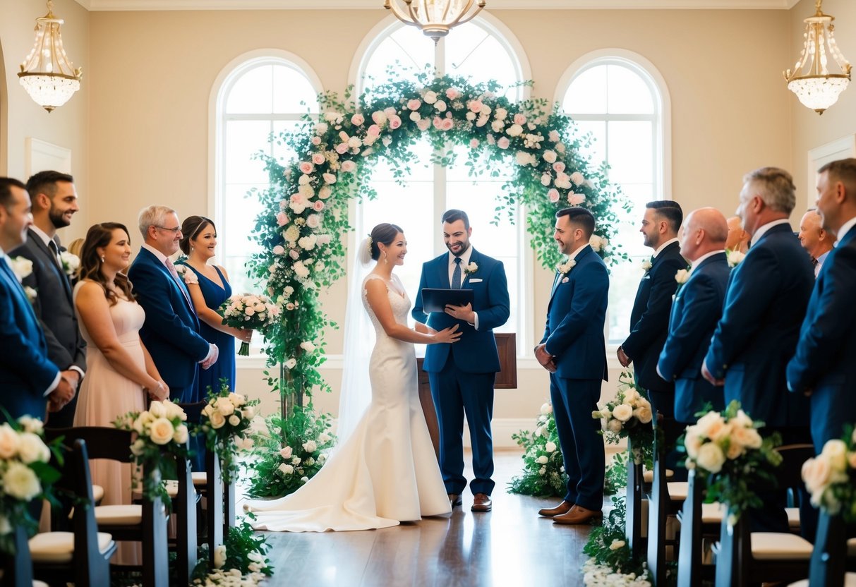 A couple stands at the altar under a flower-covered archway, surrounded by family and friends. The officiant leads a personalized wedding ceremony, filled with love and emotion